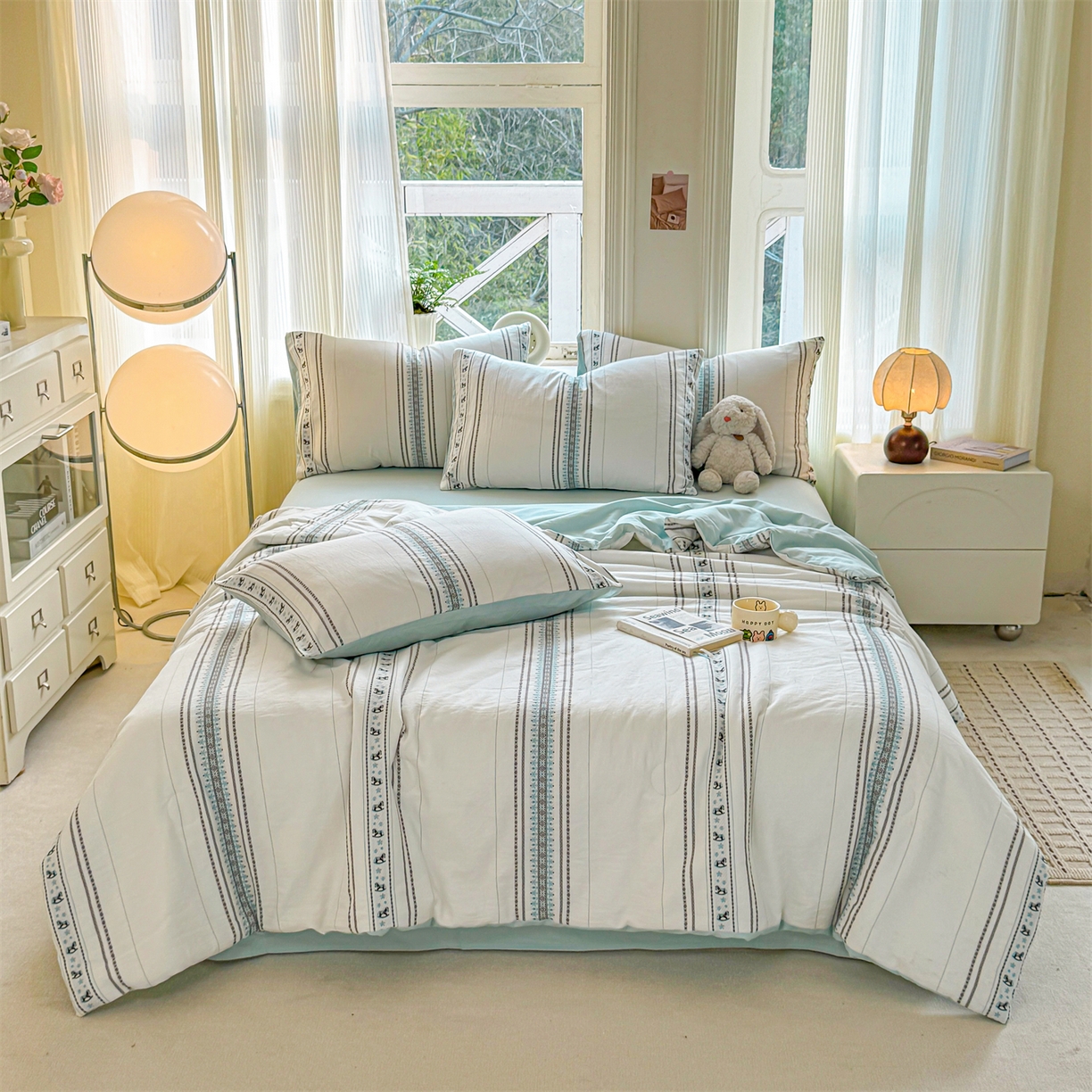 91家纺网 家纺一手货源 找家纺 灰鲸 2026新款全棉色织提花夏被夏凉被空调被 费尔岛小马-蓝