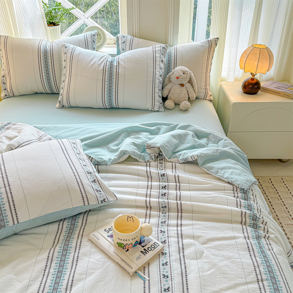 91家纺网 家纺一手货源 找家纺 灰鲸 2026新款全棉色织提花夏被夏凉被空调被 费尔岛小马-蓝