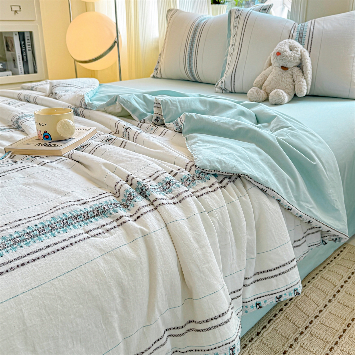 91家纺网 家纺一手货源 找家纺 灰鲸 2026新款全棉色织提花夏被夏凉被空调被 费尔岛小马-蓝