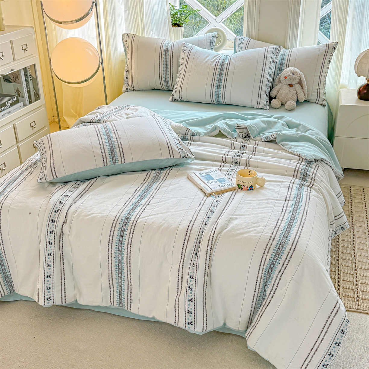 91家纺网 家纺一手货源 找家纺 灰鲸 2026新款全棉色织提花夏被夏凉被空调被 费尔岛小马-蓝