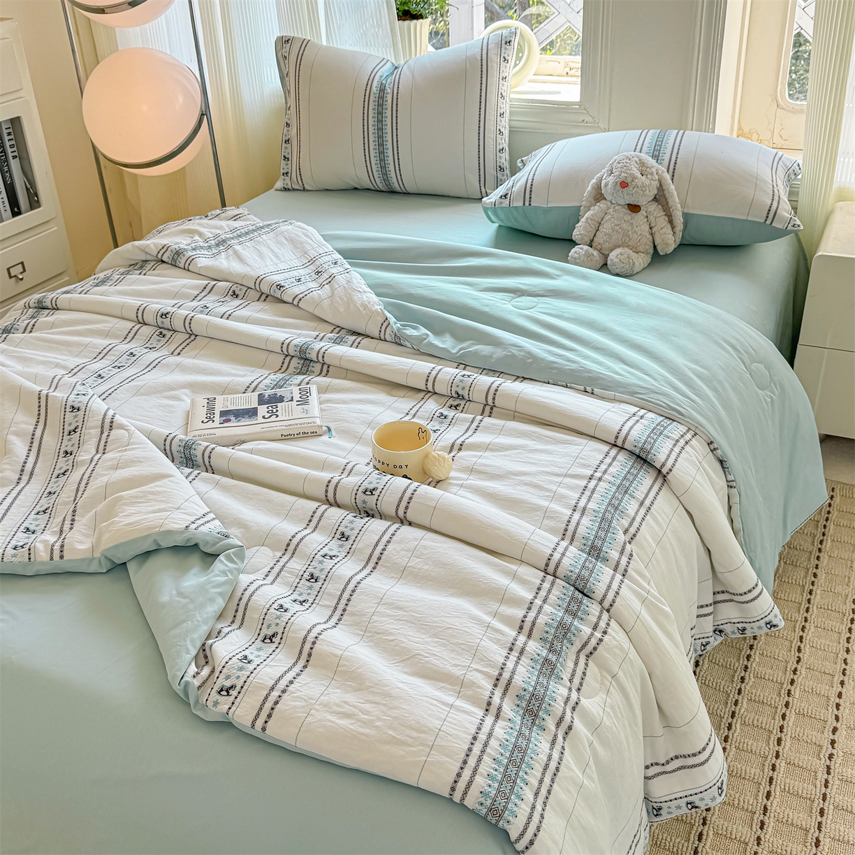 91家纺网 家纺一手货源 找家纺 灰鲸 2026新款全棉色织提花夏被夏凉被空调被 费尔岛小马-蓝