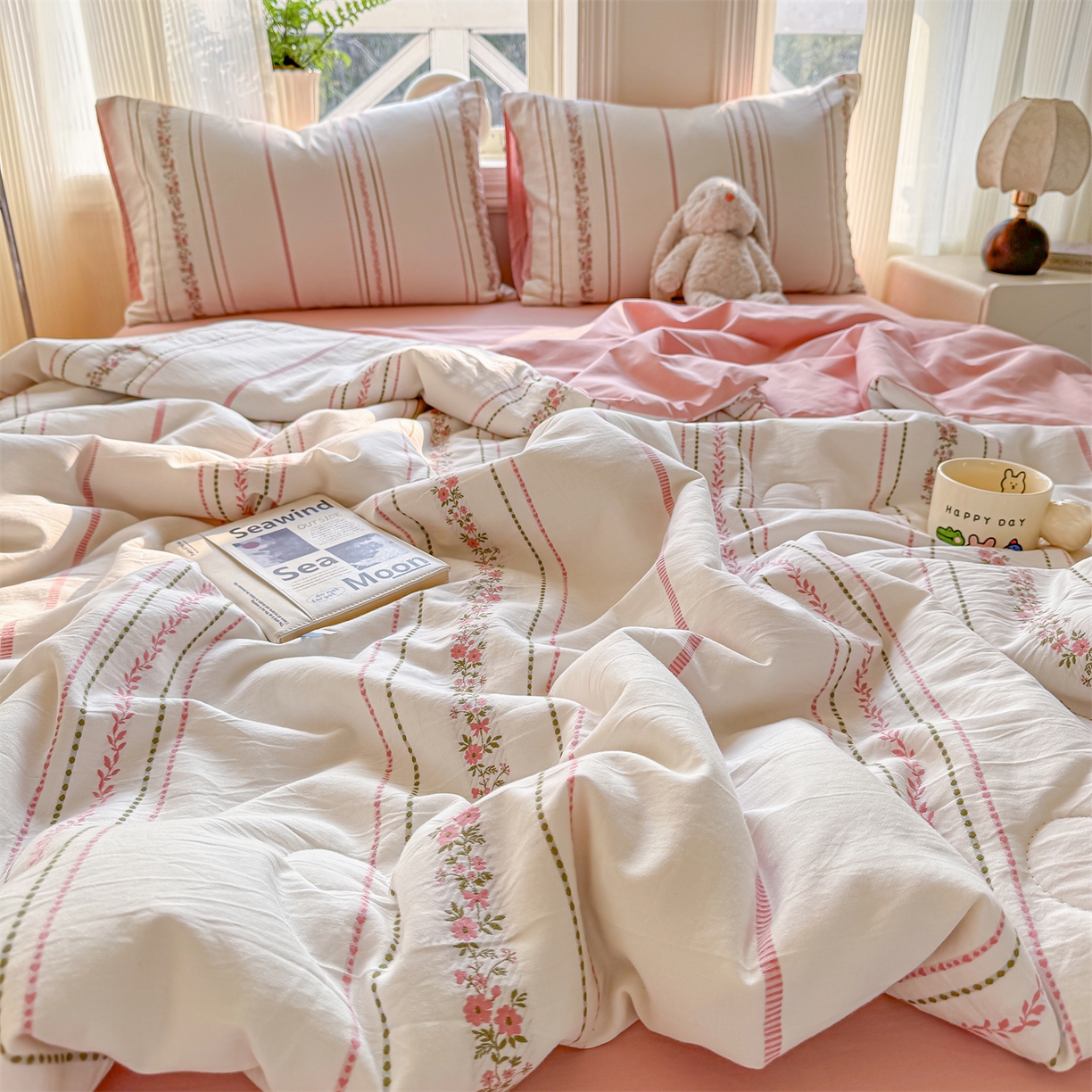 91家纺网 家纺一手货源 找家纺 灰鲸 2026新款全棉色织提花夏被夏凉被空调被 罗兰-粉