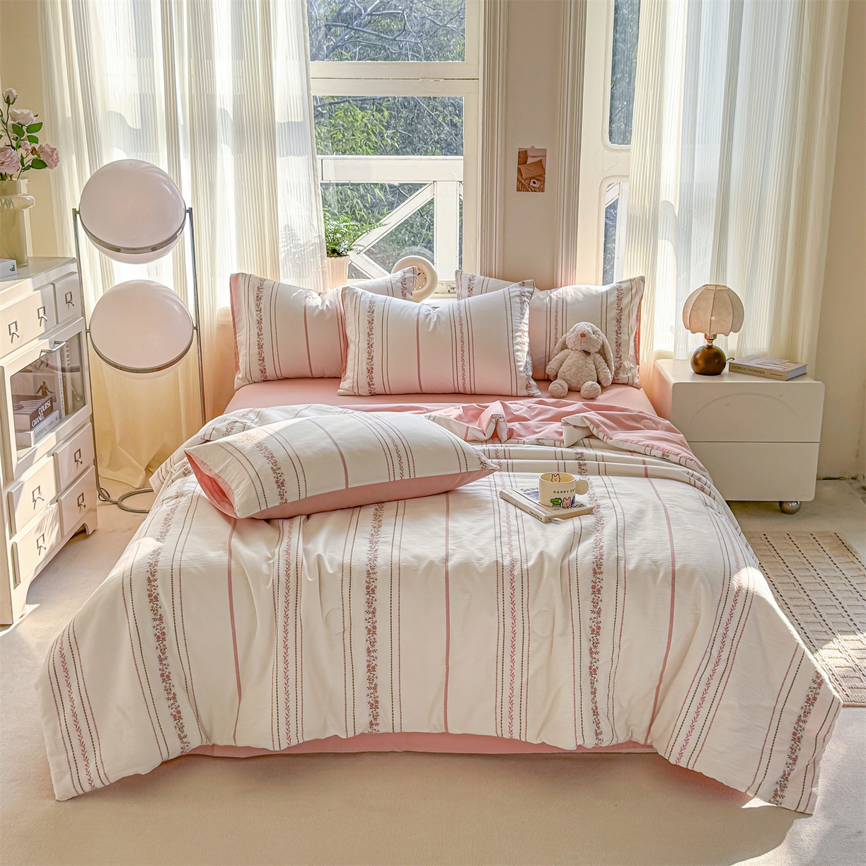 91家纺网 家纺一手货源 找家纺 灰鲸 2026新款全棉色织提花夏被夏凉被空调被 罗兰-粉