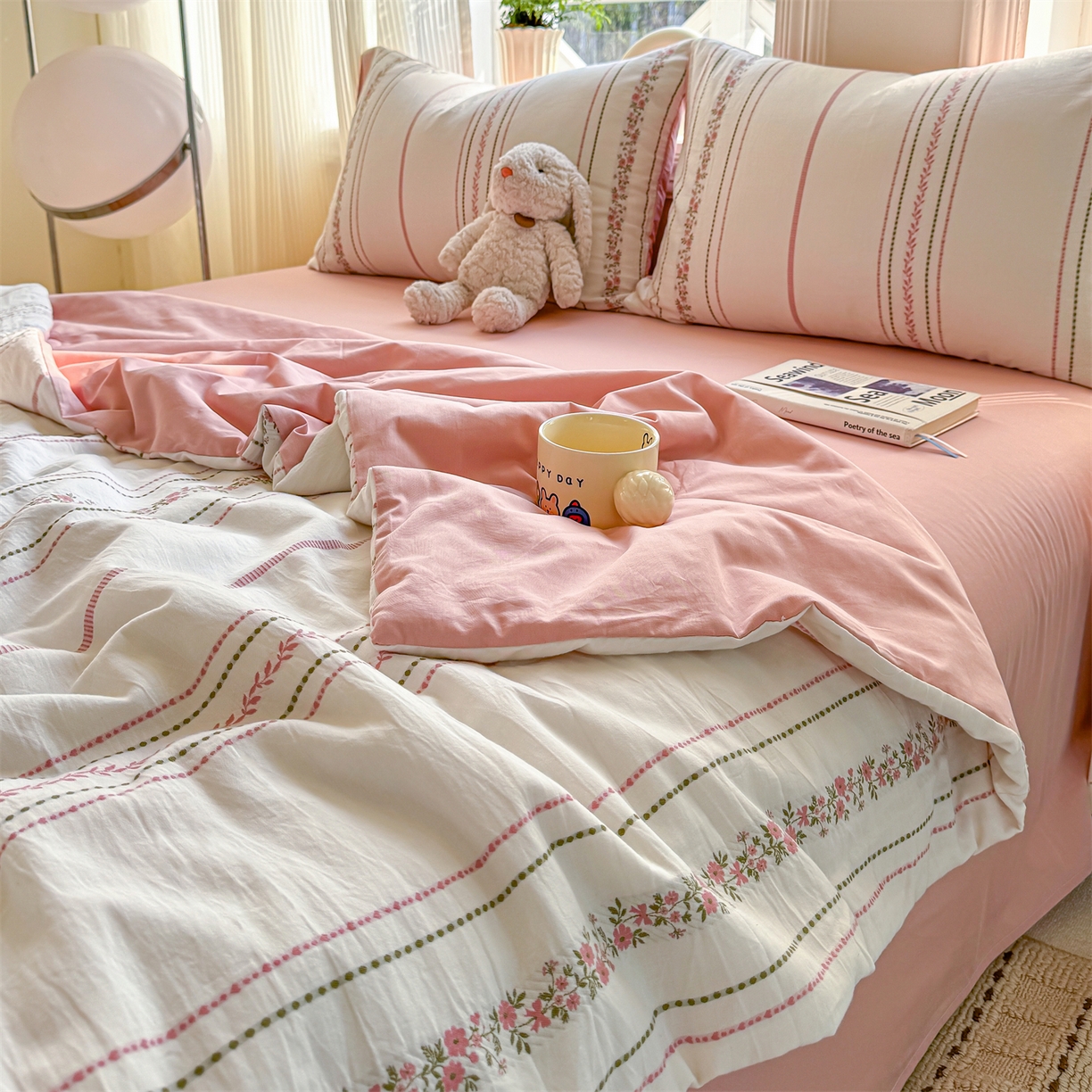 91家纺网 家纺一手货源 找家纺 灰鲸 2026新款全棉色织提花夏被夏凉被空调被 罗兰-粉