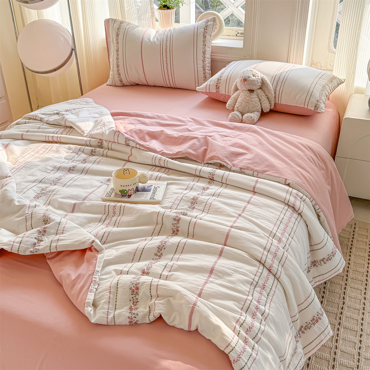 91家纺网 家纺一手货源 找家纺 灰鲸 2026新款全棉色织提花夏被夏凉被空调被 罗兰-粉