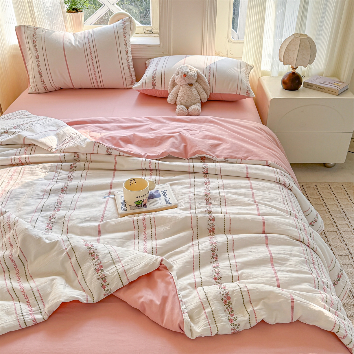 91家纺网 家纺一手货源 找家纺 灰鲸 2026新款全棉色织提花夏被夏凉被空调被 罗兰-粉