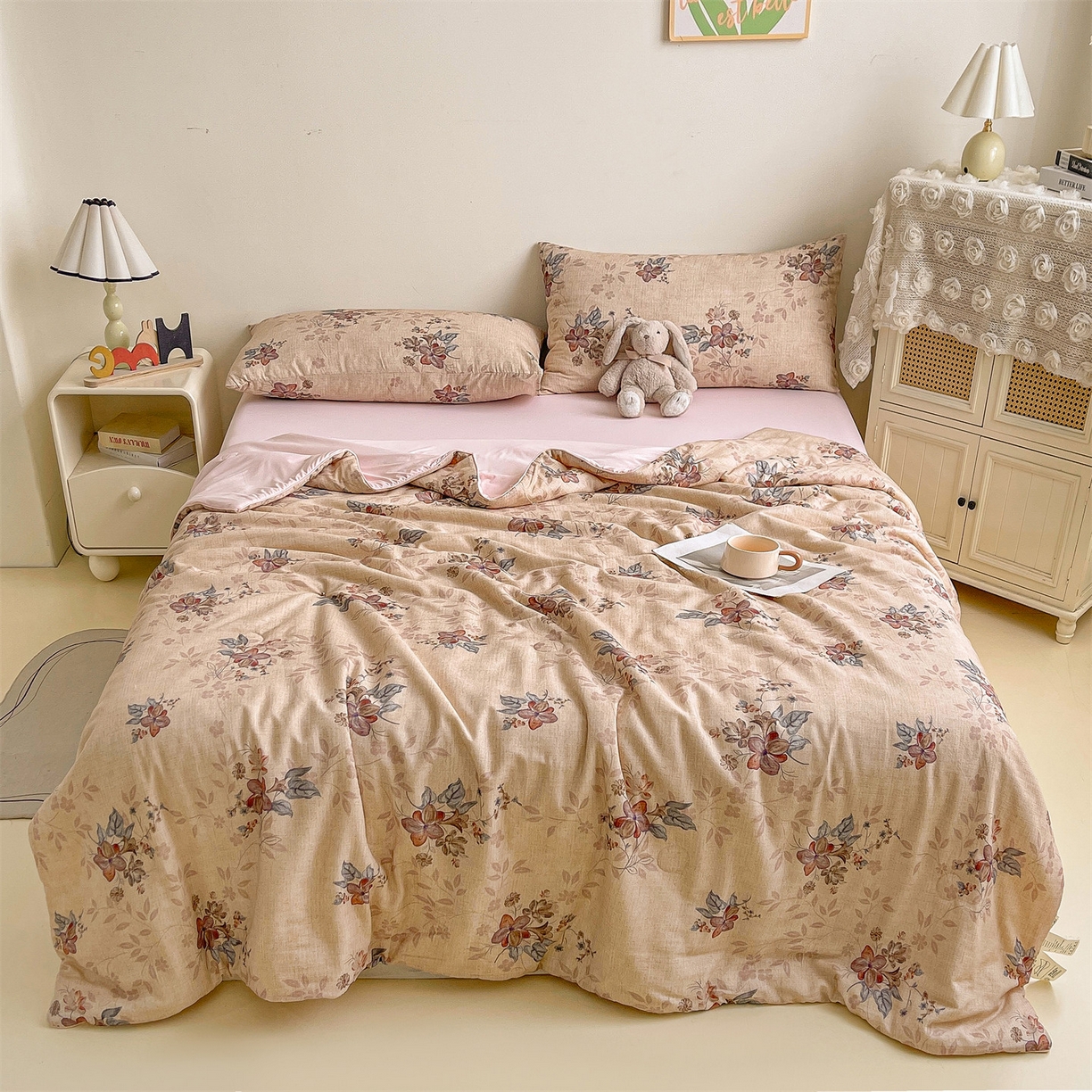 91家纺网 家纺一手货源 找家纺 小禹仔家纺 2026新款A类印花双层纱凉感大豆夏被 花影-蓝