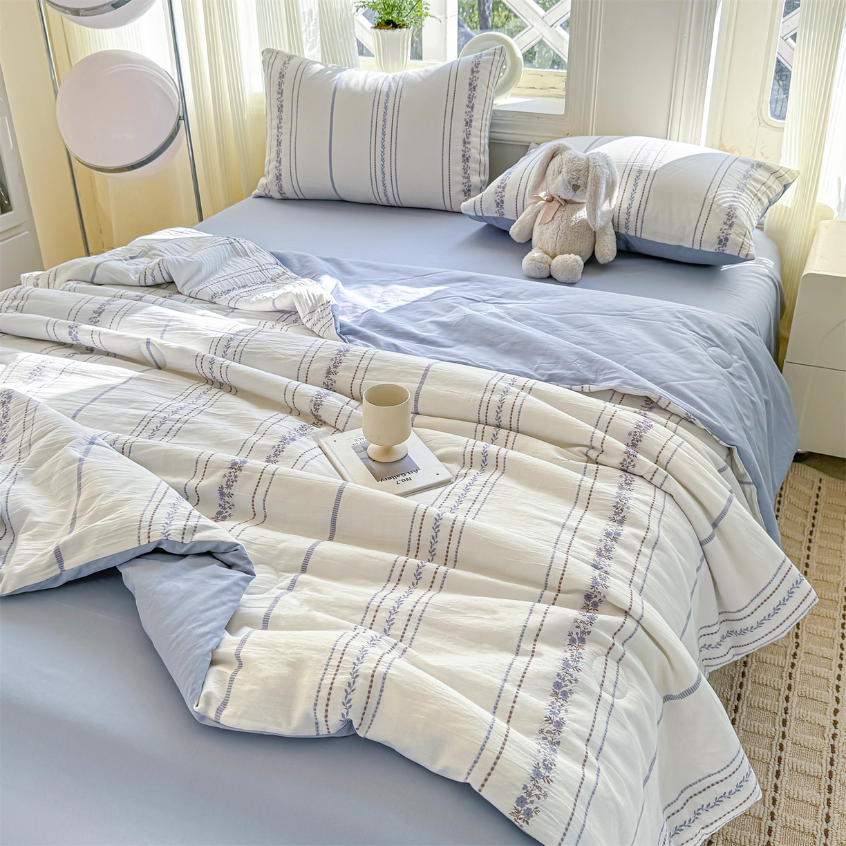 91家纺网 家纺一手货源 找家纺 灰鲸 2026新款全棉色织提花夏被夏凉被空调被 罗兰-蓝