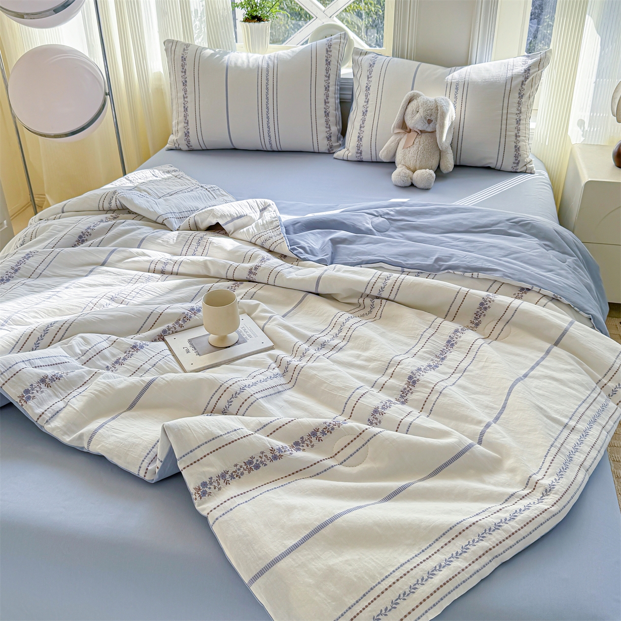 91家纺网 家纺一手货源 找家纺 灰鲸 2026新款全棉色织提花夏被夏凉被空调被 罗兰-蓝