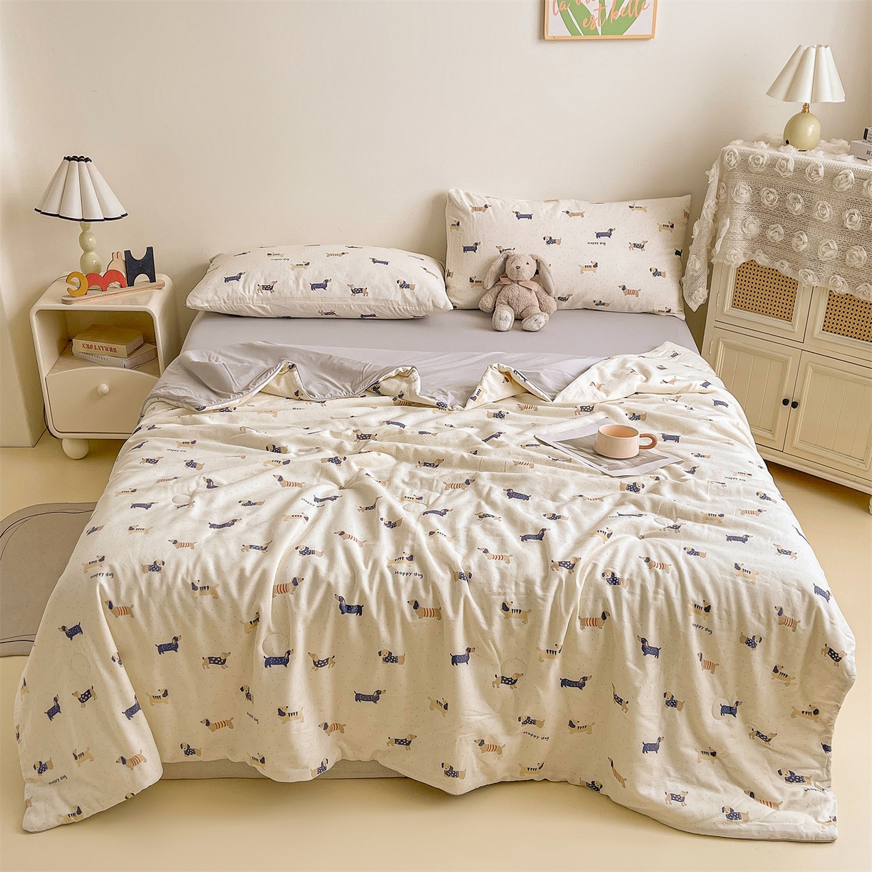 91家纺网 家纺一手货源 找家纺 小禹仔家纺 2026新款A类印花双层纱凉感大豆夏被 腊肠狗