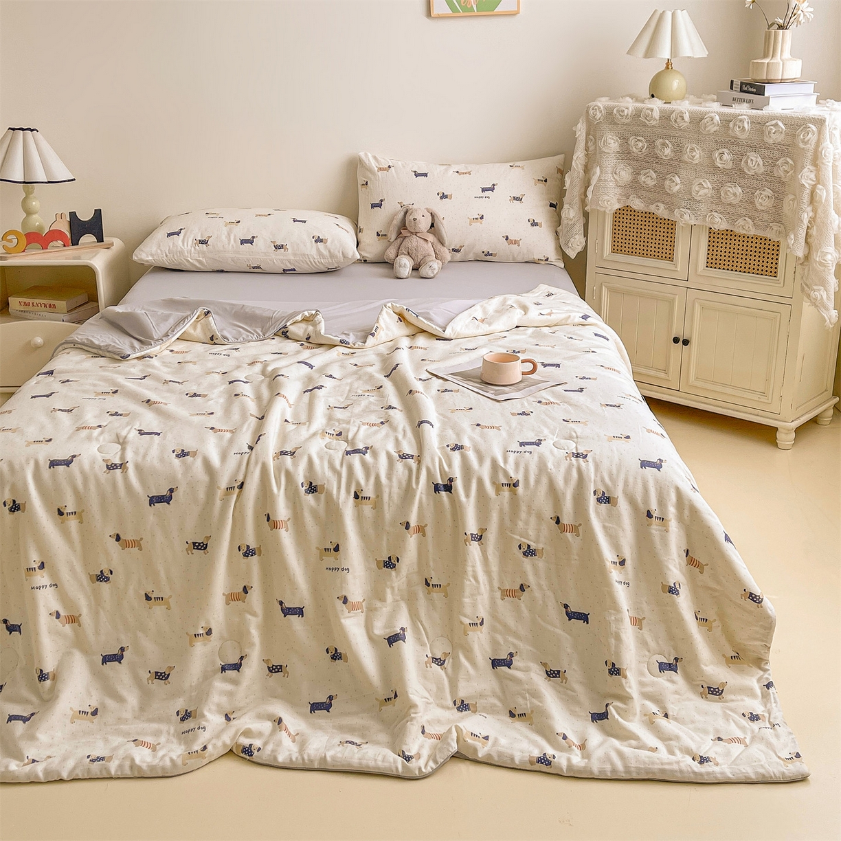 91家纺网 家纺一手货源 找家纺 小禹仔家纺 2026新款A类印花双层纱凉感大豆夏被 腊肠狗