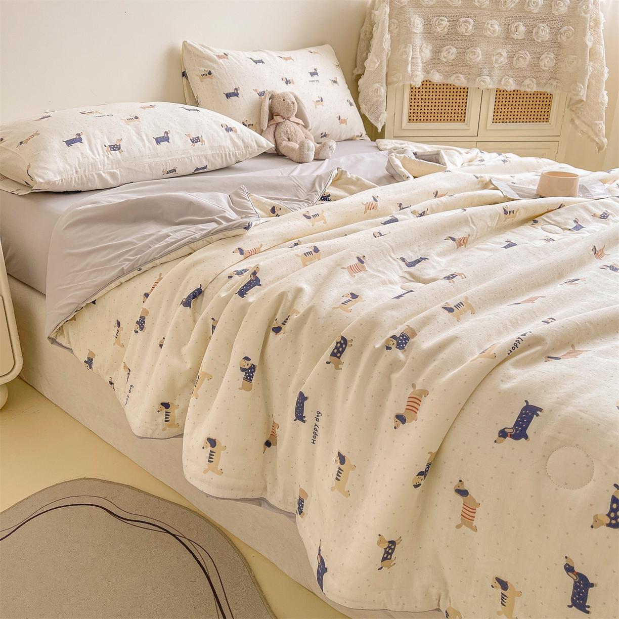 91家纺网 家纺一手货源 找家纺 小禹仔家纺 2026新款A类印花双层纱凉感大豆夏被 腊肠狗