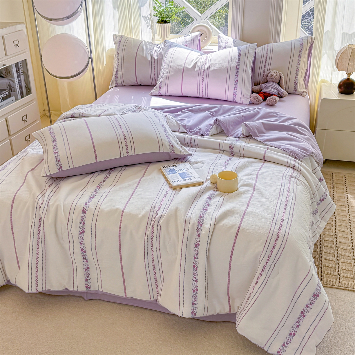 91家纺网 家纺一手货源 找家纺 灰鲸 2026新款全棉色织提花夏被夏凉被空调被 罗兰-紫