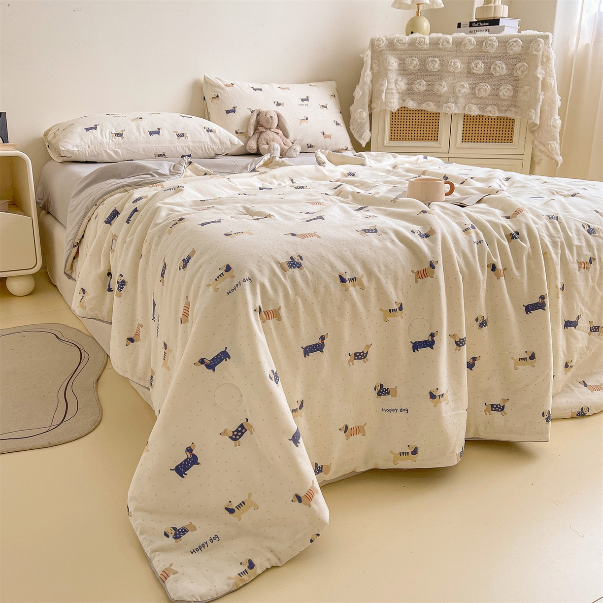 91家纺网 家纺一手货源 找家纺 小禹仔家纺 2026新款A类印花双层纱凉感大豆夏被 腊肠狗