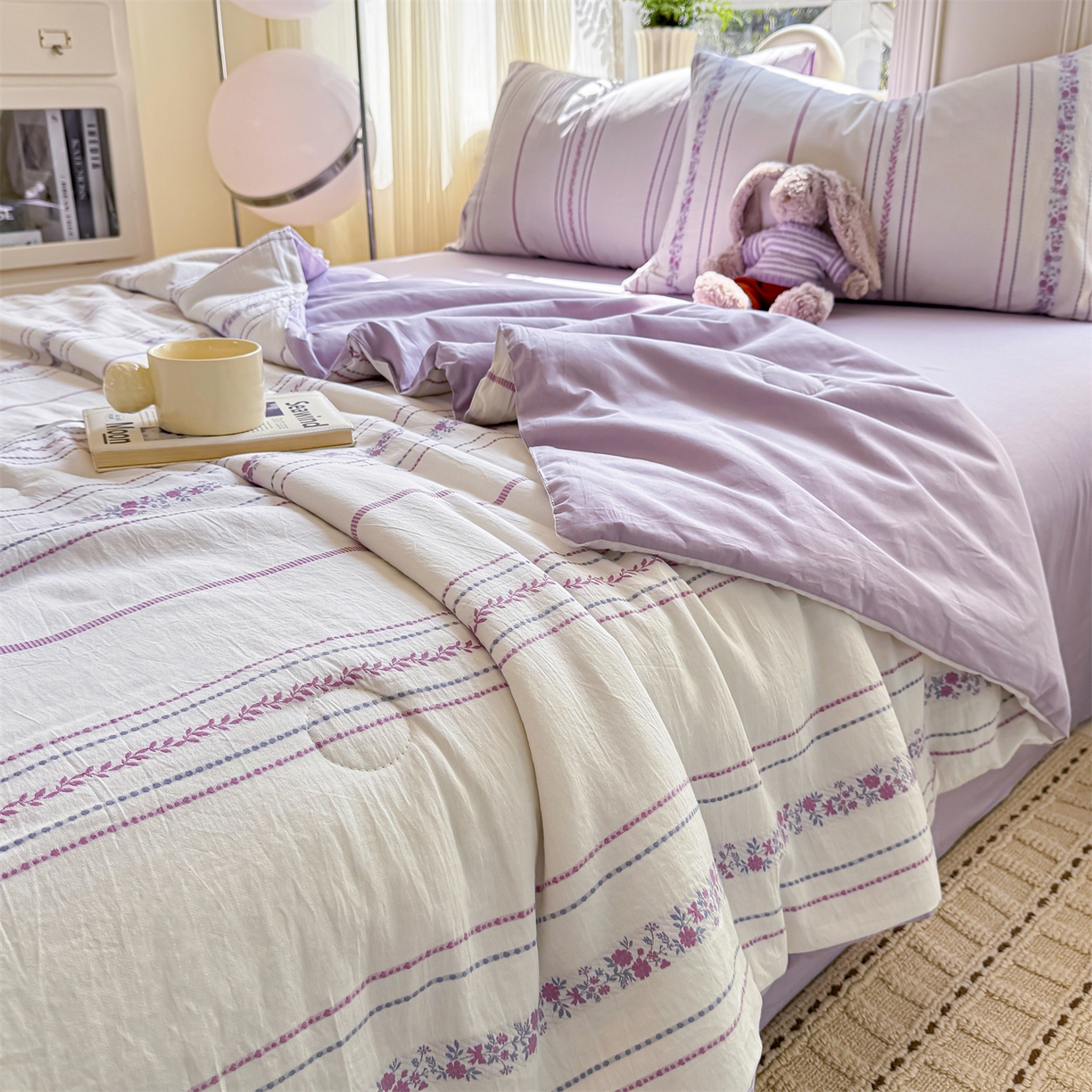 91家纺网 家纺一手货源 找家纺 灰鲸 2026新款全棉色织提花夏被夏凉被空调被 罗兰-紫