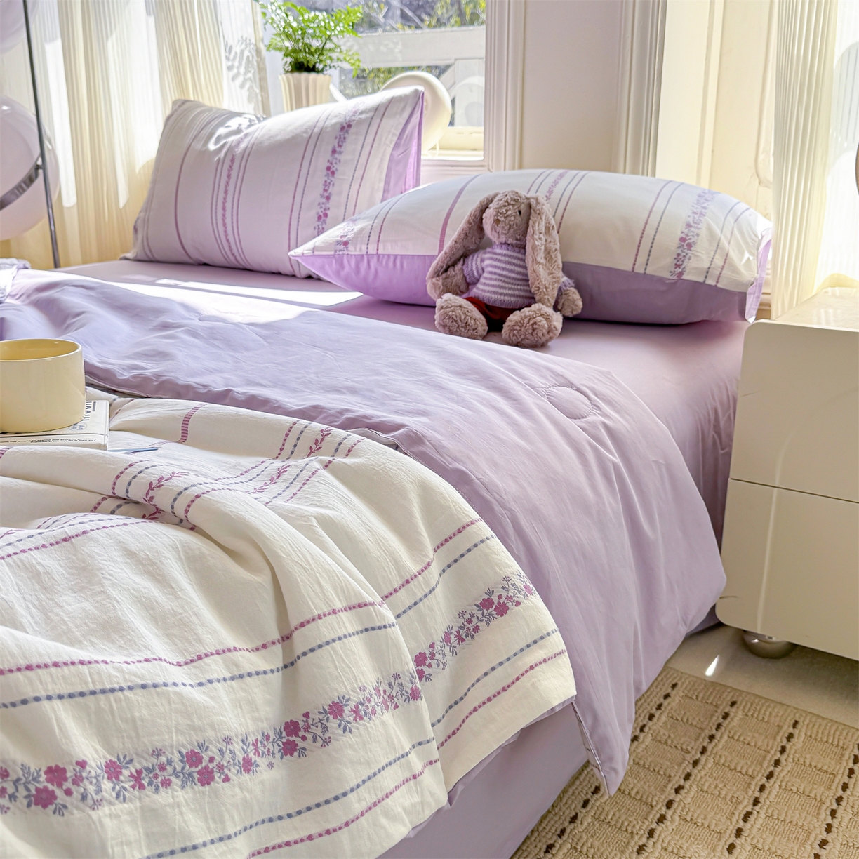 91家纺网 家纺一手货源 找家纺 灰鲸 2026新款全棉色织提花夏被夏凉被空调被 罗兰-紫