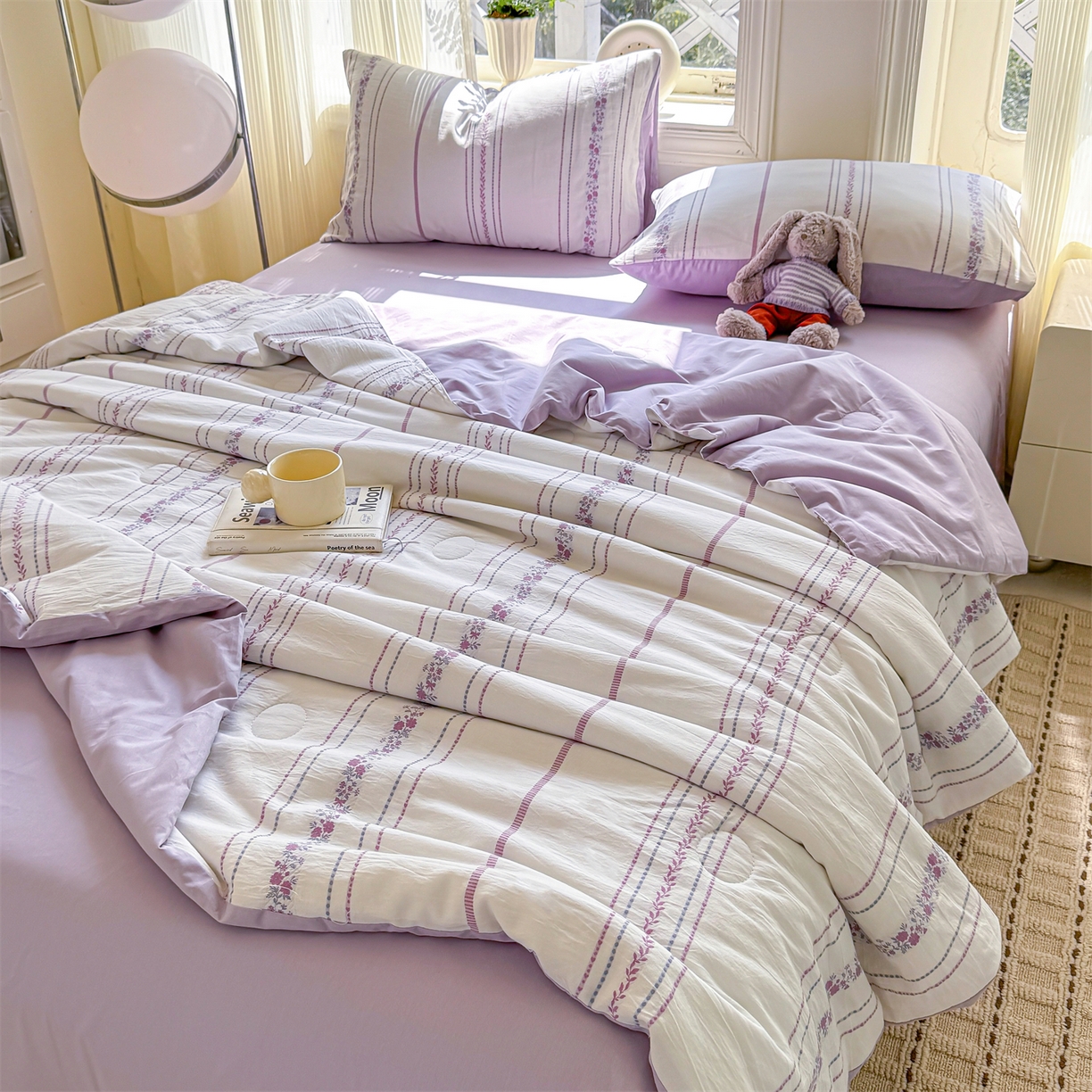 91家纺网 家纺一手货源 找家纺 灰鲸 2026新款全棉色织提花夏被夏凉被空调被 罗兰-紫