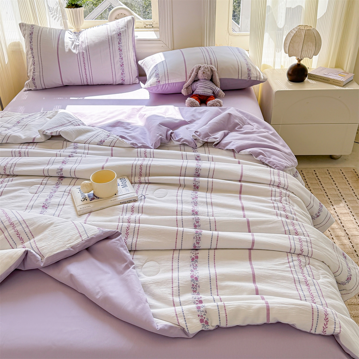 91家纺网 家纺一手货源 找家纺 灰鲸 2026新款全棉色织提花夏被夏凉被空调被 罗兰-紫