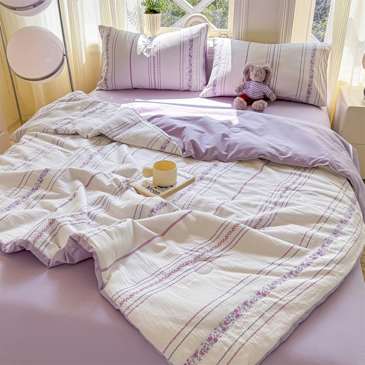 91家纺网 家纺一手货源 找家纺 灰鲸 2026新款全棉色织提花夏被夏凉被空调被 罗兰-紫