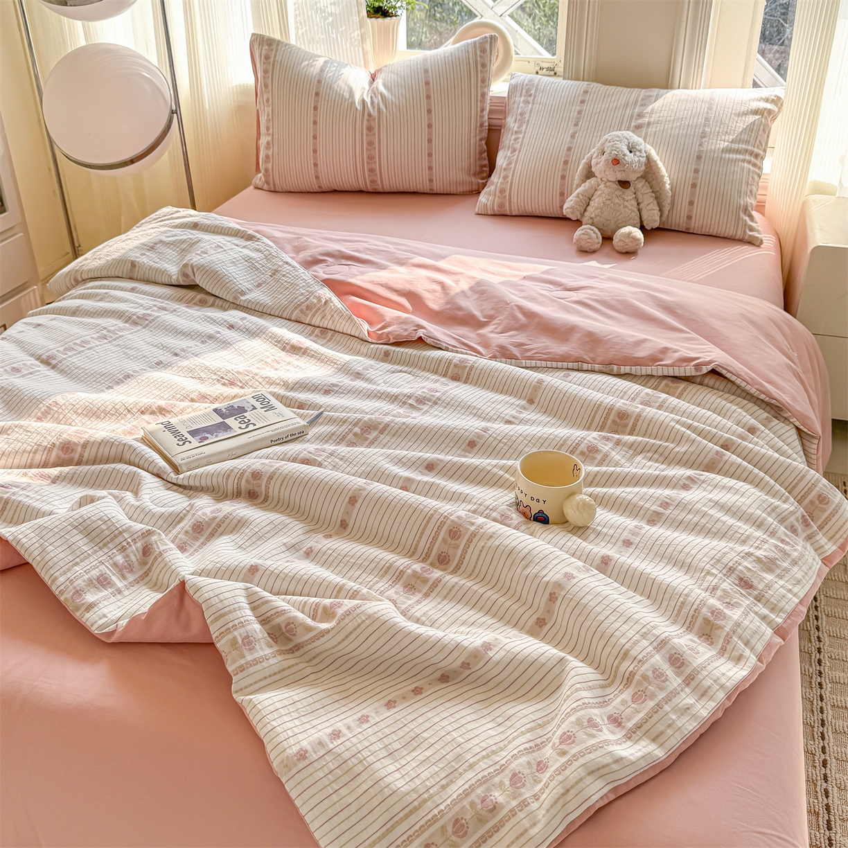 91家纺网 家纺一手货源 找家纺 灰鲸 2026新款全棉色织提花夏被夏凉被空调被 木槿-粉