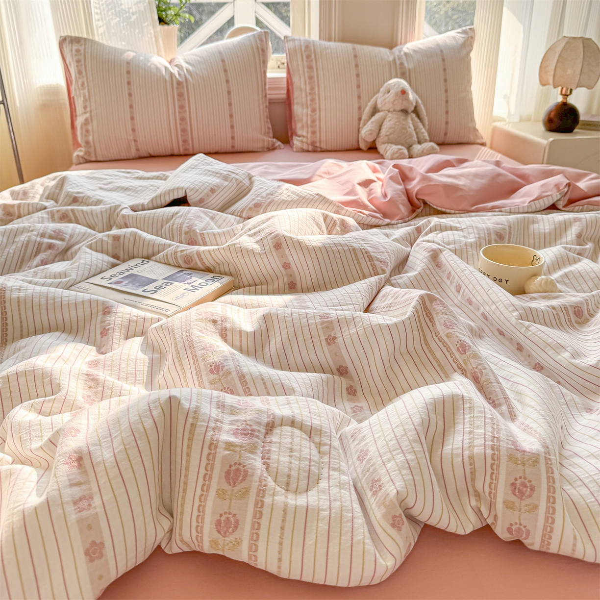 91家纺网 家纺一手货源 找家纺 灰鲸 2026新款全棉色织提花夏被夏凉被空调被 木槿-粉