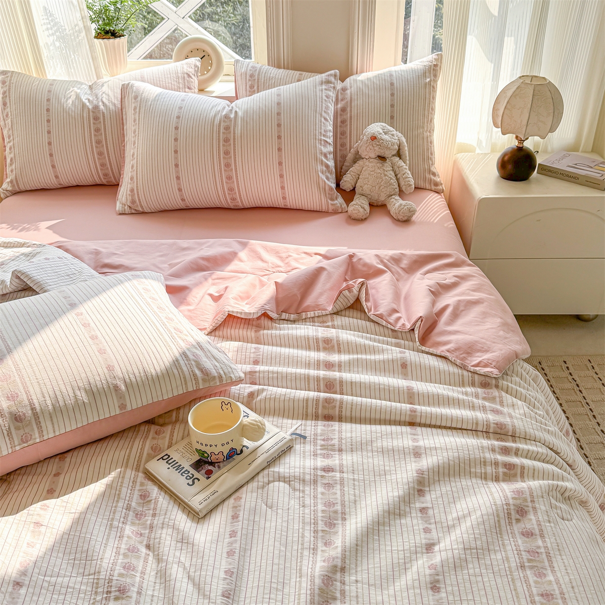 91家纺网 家纺一手货源 找家纺 灰鲸 2026新款全棉色织提花夏被夏凉被空调被 木槿-粉