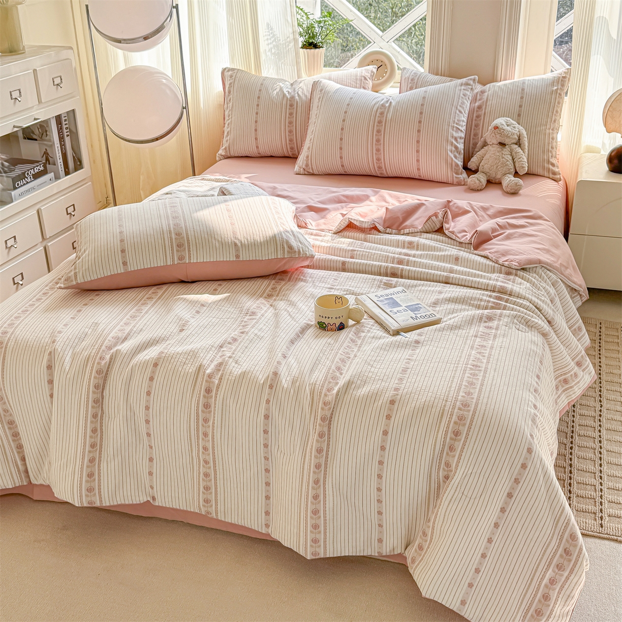 91家纺网 家纺一手货源 找家纺 灰鲸 2026新款全棉色织提花夏被夏凉被空调被 木槿-粉