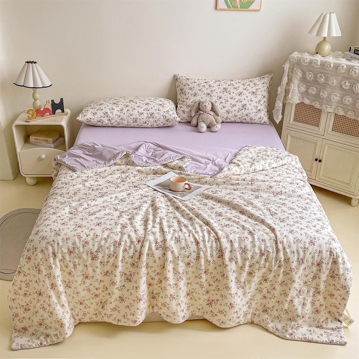 91家纺网 家纺一手货源 找家纺 小禹仔家纺 2026新款A类印花双层纱凉感大豆夏被 蜜糖与花屿