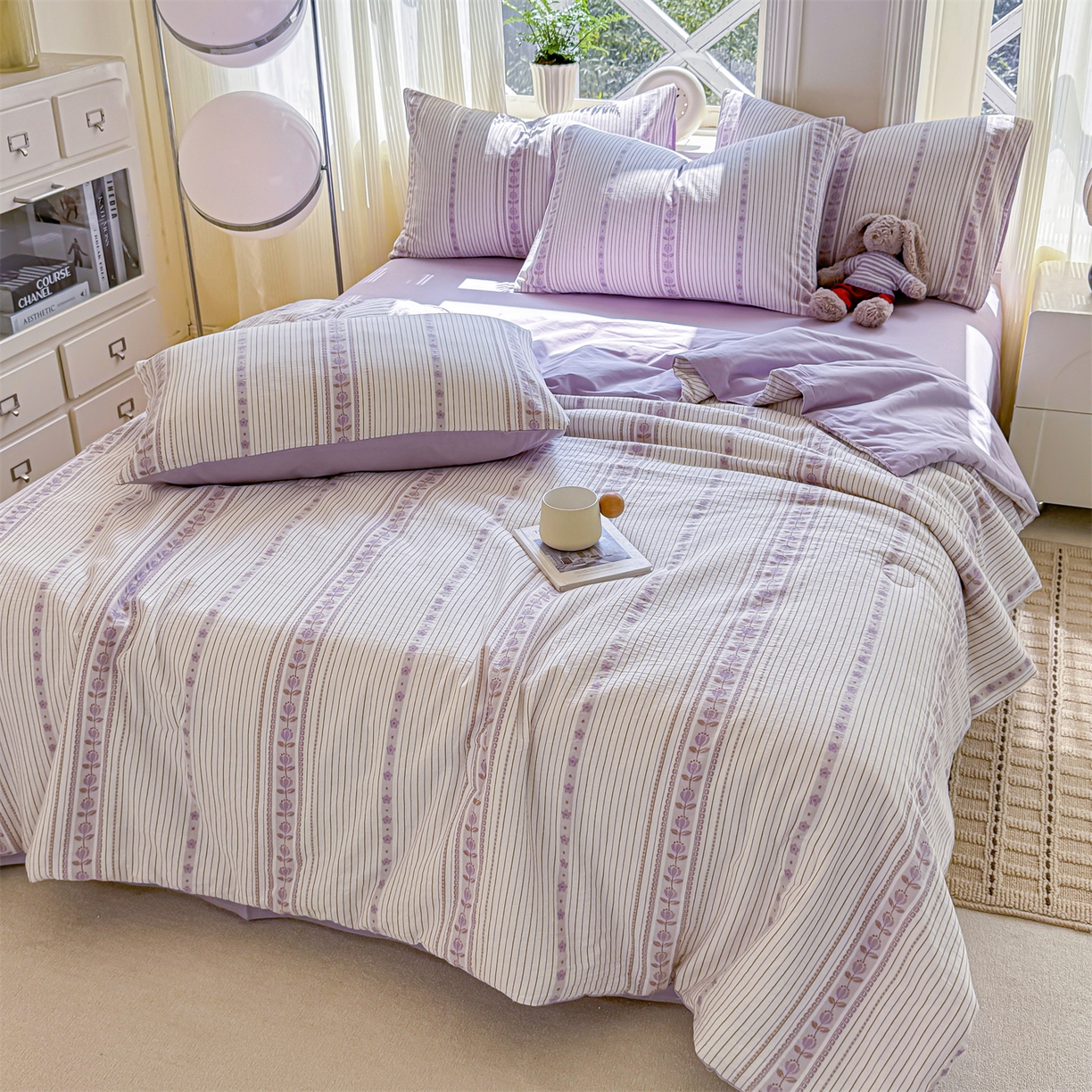 91家纺网 家纺一手货源 找家纺 灰鲸 2026新款全棉色织提花夏被夏凉被空调被 木槿-紫