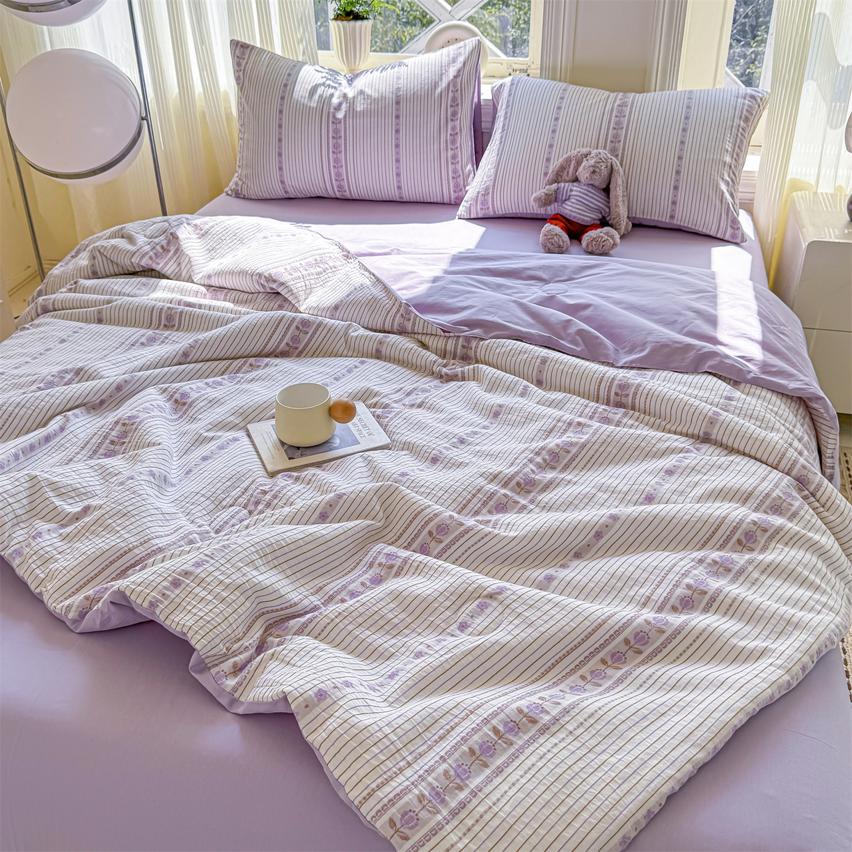 91家纺网 家纺一手货源 找家纺 灰鲸 2026新款全棉色织提花夏被夏凉被空调被 木槿-紫