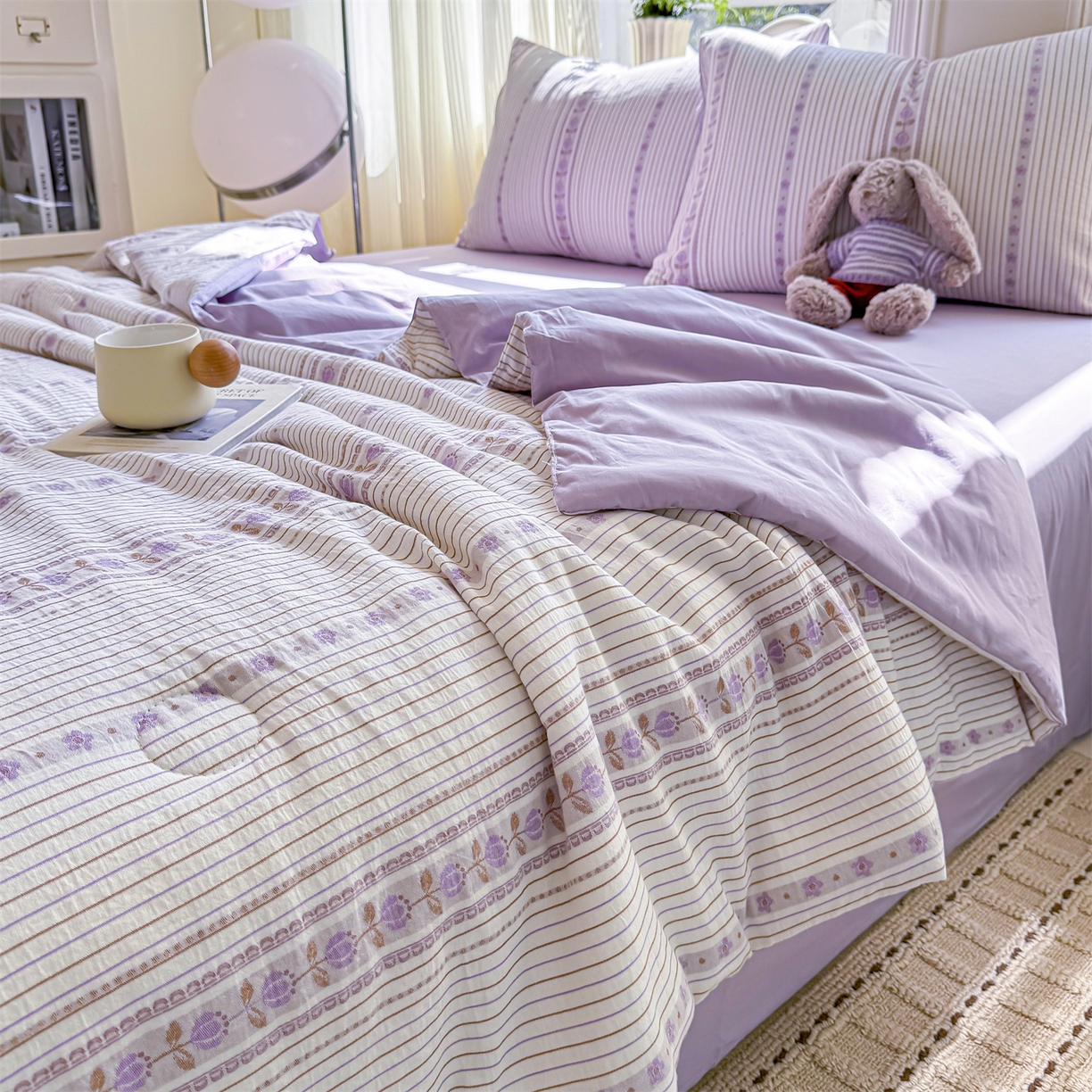 91家纺网 家纺一手货源 找家纺 灰鲸 2026新款全棉色织提花夏被夏凉被空调被 木槿-紫