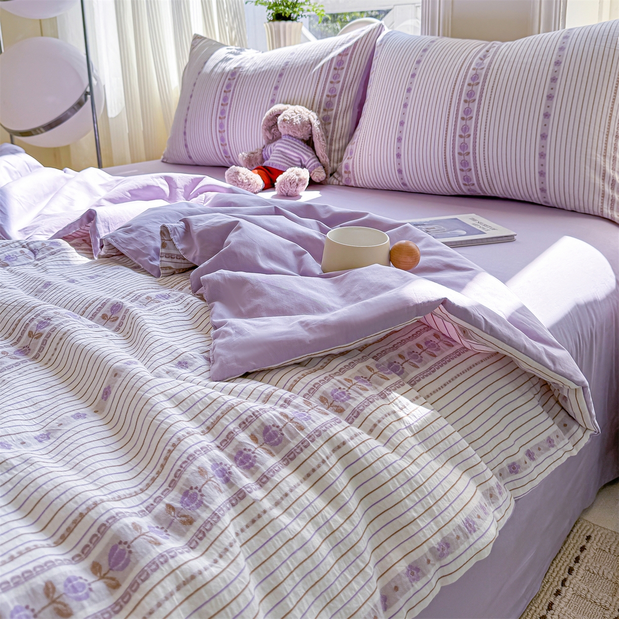 91家纺网 家纺一手货源 找家纺 灰鲸 2026新款全棉色织提花夏被夏凉被空调被 木槿-紫