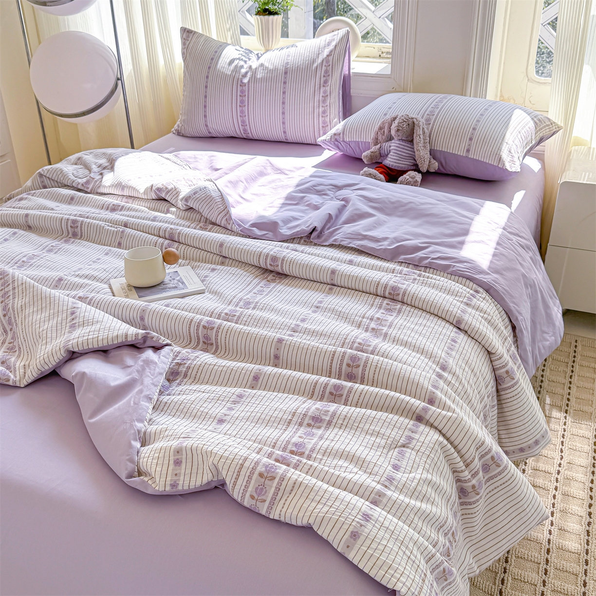 91家纺网 家纺一手货源 找家纺 灰鲸 2026新款全棉色织提花夏被夏凉被空调被 木槿-紫