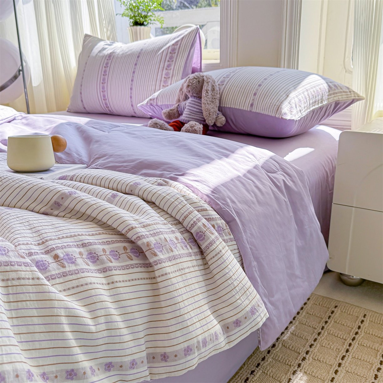 91家纺网 家纺一手货源 找家纺 灰鲸 2026新款全棉色织提花夏被夏凉被空调被 木槿-紫