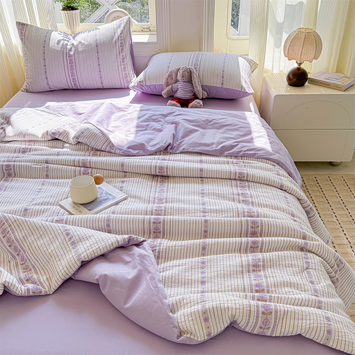 91家纺网 家纺一手货源 找家纺 灰鲸 2026新款全棉色织提花夏被夏凉被空调被 木槿-紫