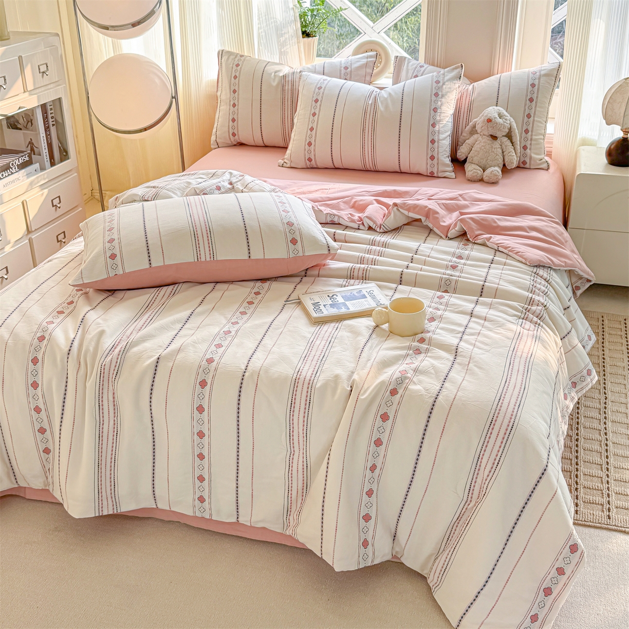 91家纺网 家纺一手货源 找家纺 灰鲸 2026新款全棉色织提花夏被夏凉被空调被 四叶星语-粉