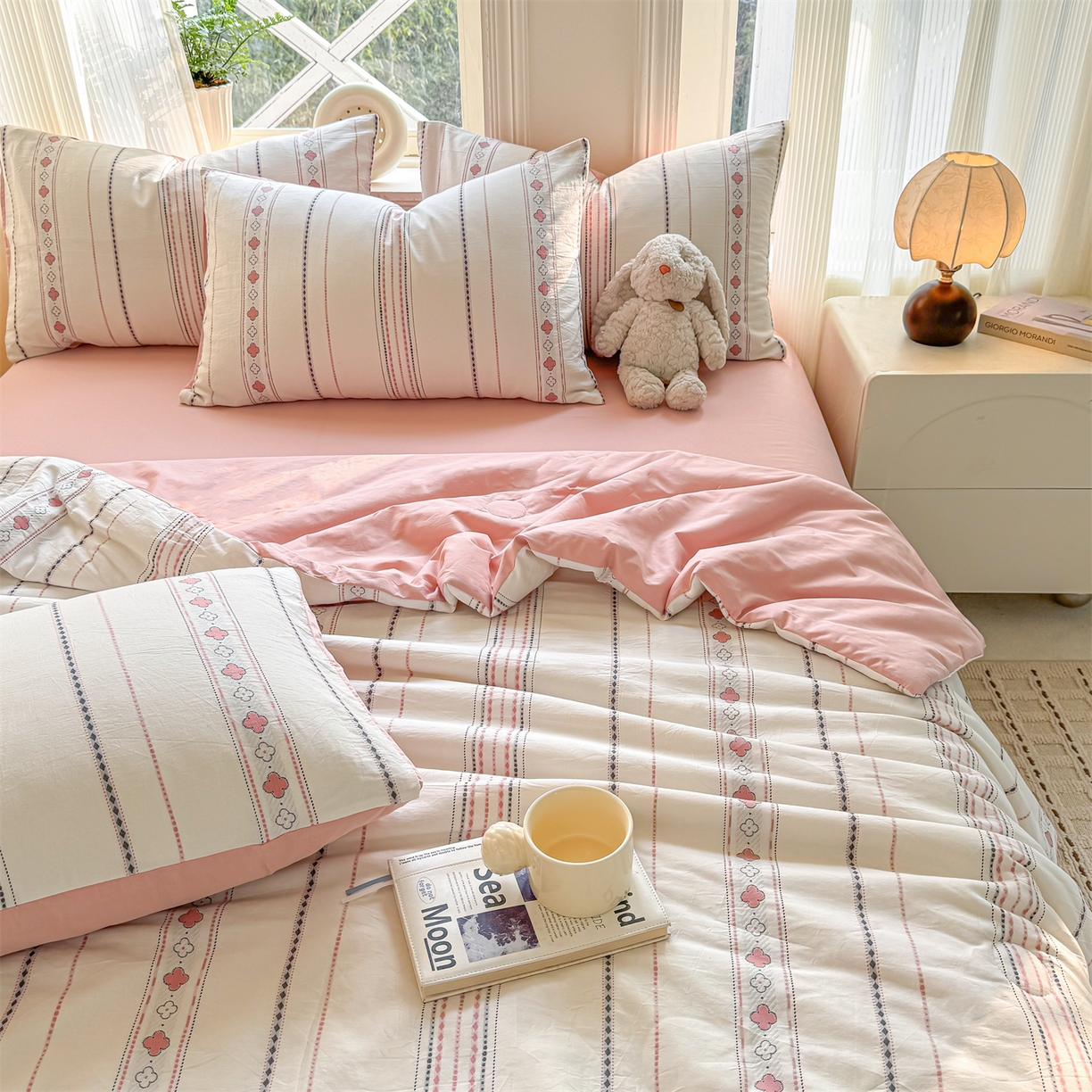 91家纺网 家纺一手货源 找家纺 灰鲸 2026新款全棉色织提花夏被夏凉被空调被 四叶星语-粉