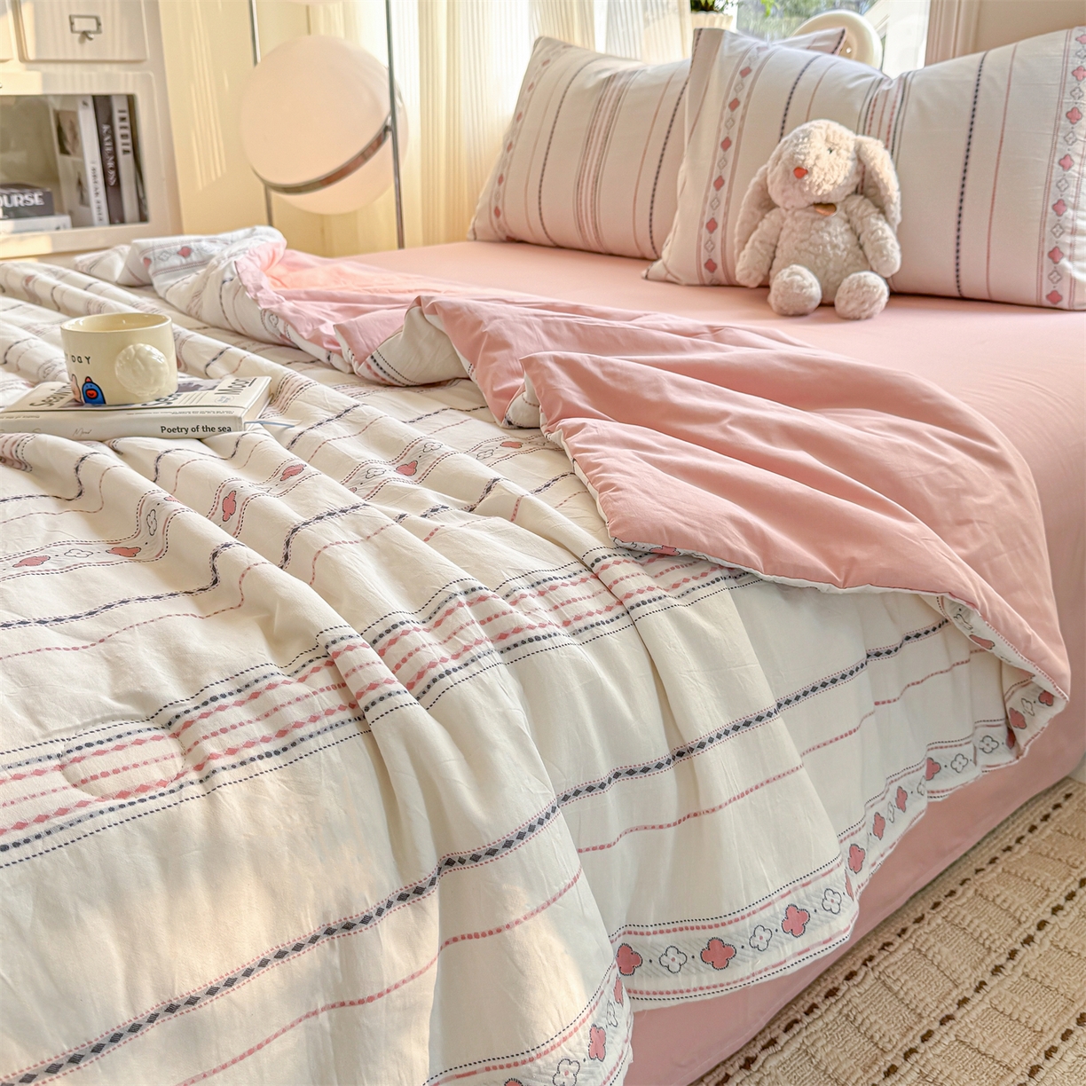 91家纺网 家纺一手货源 找家纺 灰鲸 2026新款全棉色织提花夏被夏凉被空调被 四叶星语-粉