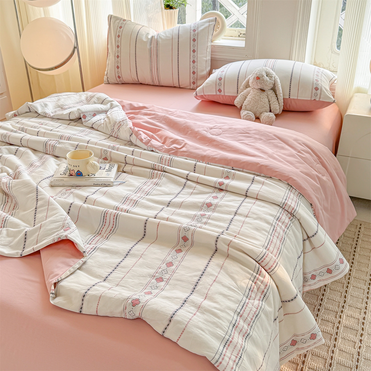 91家纺网 家纺一手货源 找家纺 灰鲸 2026新款全棉色织提花夏被夏凉被空调被 四叶星语-粉