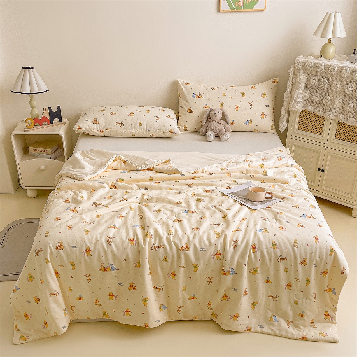 91家纺网 家纺一手货源 找家纺 小禹仔家纺 2026新款A类印花双层纱凉感大豆夏被 跳跳维尼