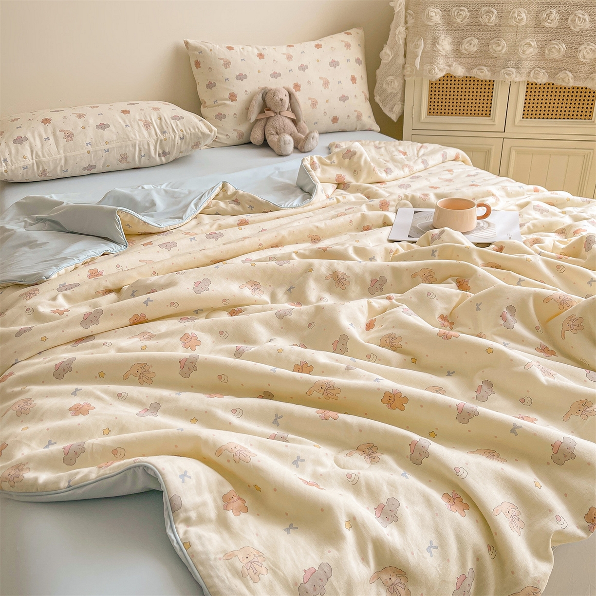 91家纺网 家纺一手货源 找家纺 小禹仔家纺 2026新款A类印花双层纱凉感大豆夏被 小淘气