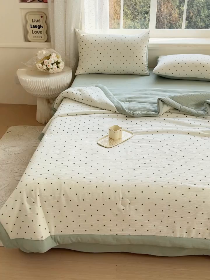 91家纺网 家纺一手货源 找家纺 几禾 2026新款A类三层纱印花夏被-柔纱系列 柔纱-小绿豆