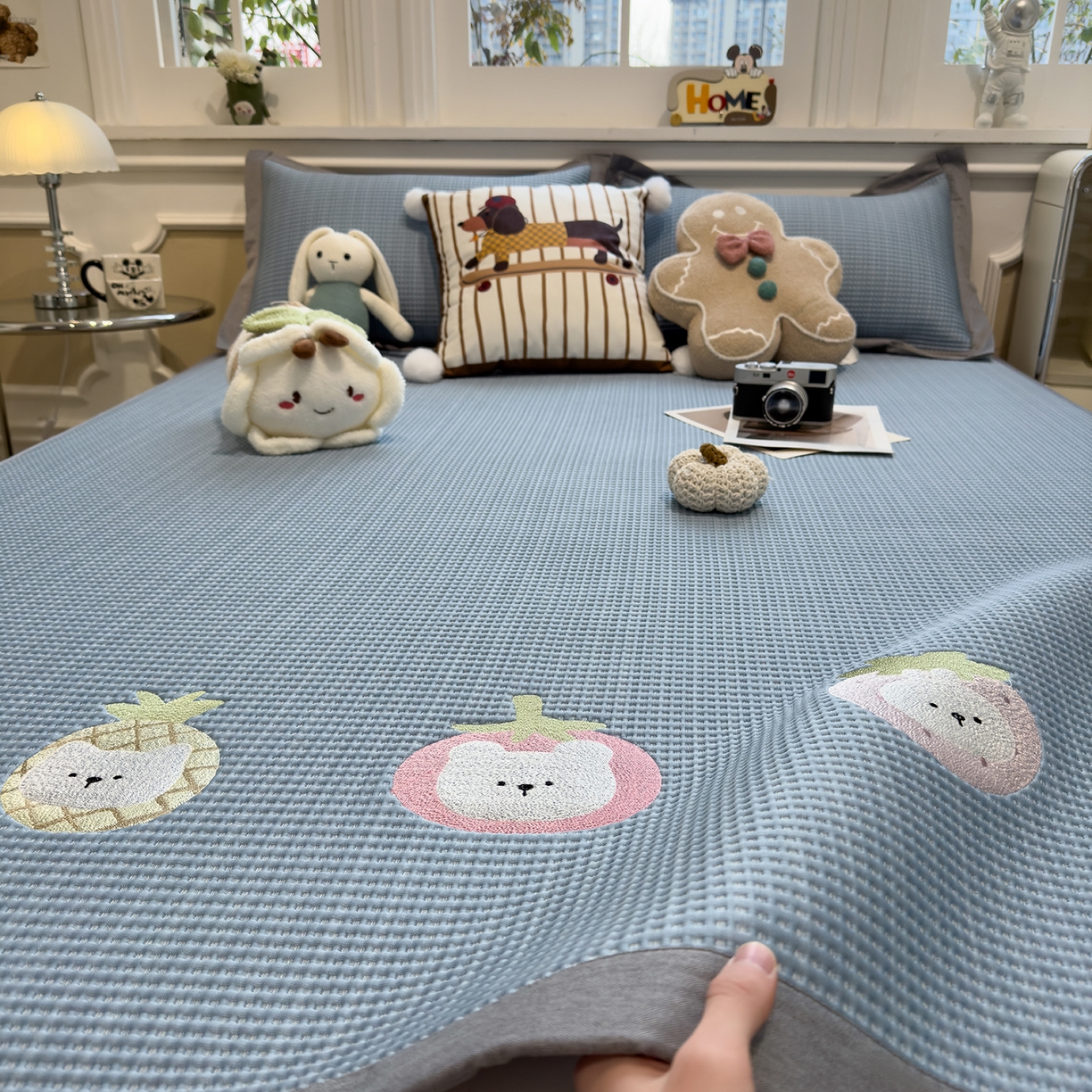 几禾 2026新款华夫格刺绣款凉席-床席款 奶冻喵-蓝-床席款