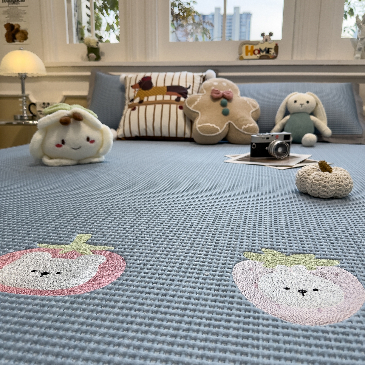 91家纺网 家纺一手货源 找家纺 几禾 2026新款华夫格刺绣款凉席-床席款 奶冻喵-蓝-床席款