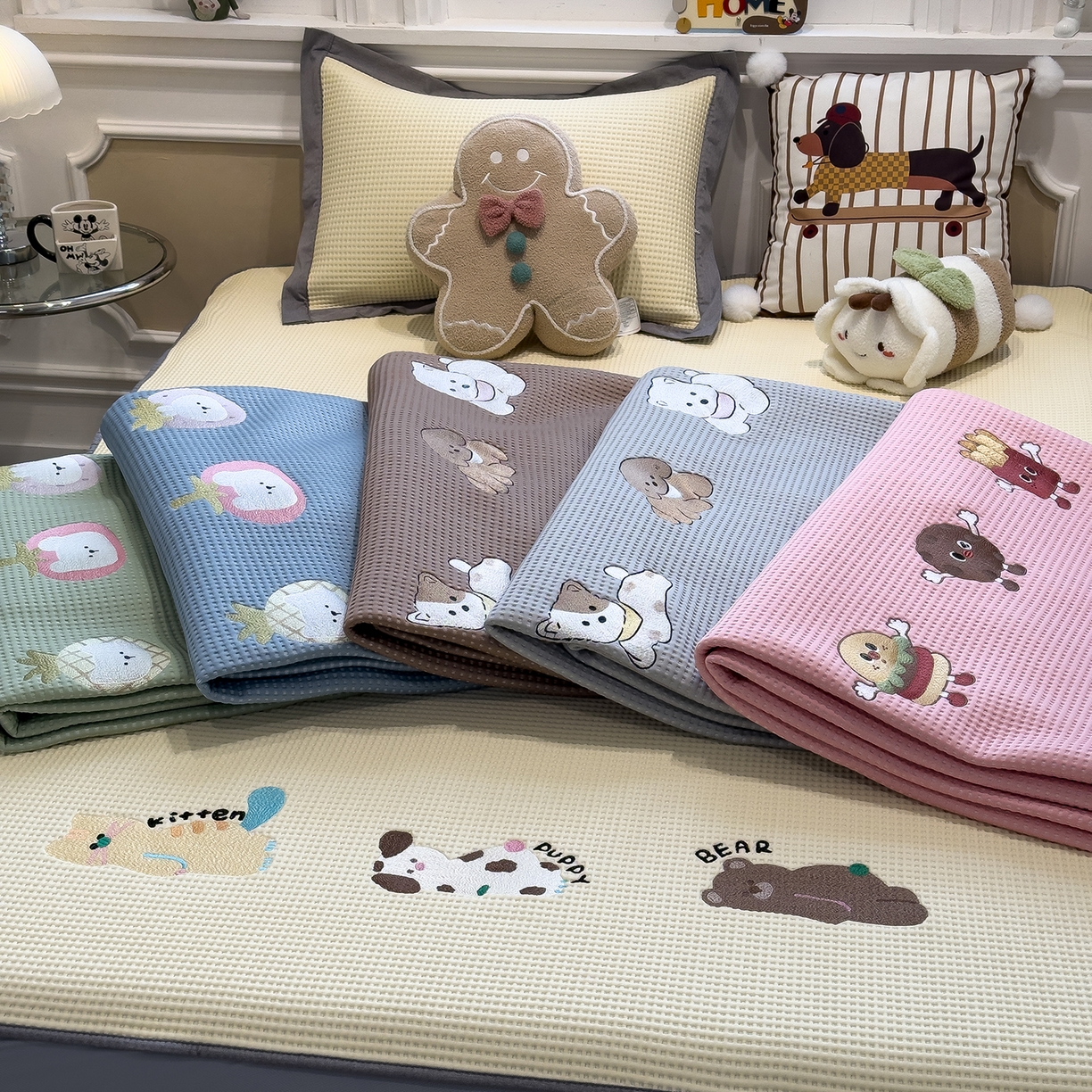 91家纺网 家纺一手货源 找家纺 几禾 2026新款华夫格刺绣款凉席-床席款 组合图