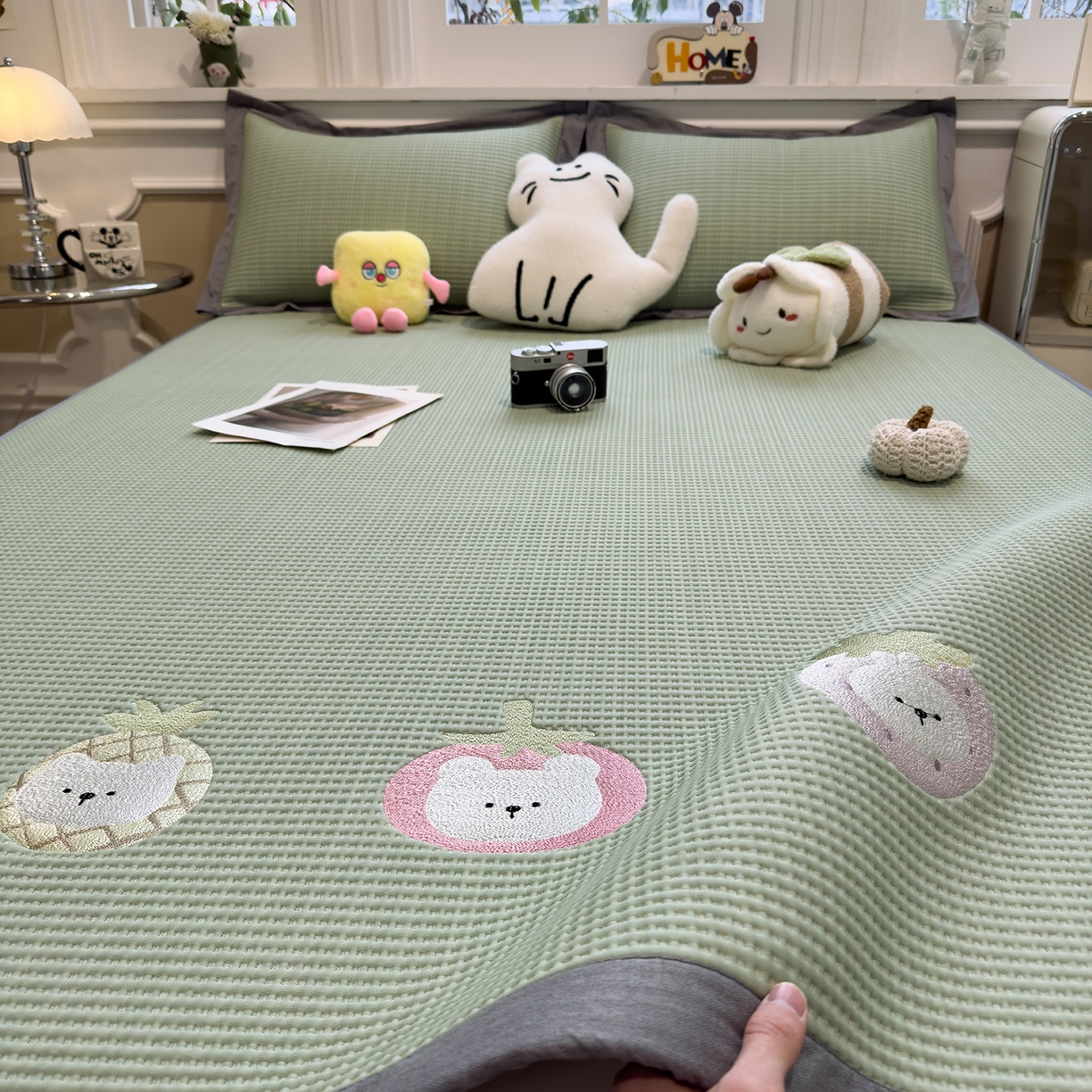 几禾 2026新款华夫格刺绣款凉席-床席款 奶冻喵-果绿-床席款