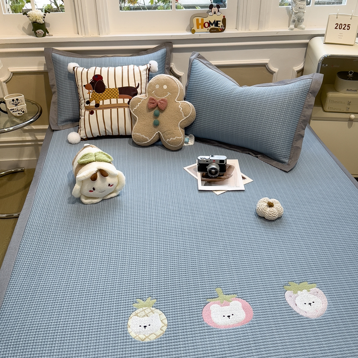 91家纺网 家纺一手货源 找家纺 几禾 2026新款华夫格刺绣款凉席-床席款 奶冻喵-蓝-床席款