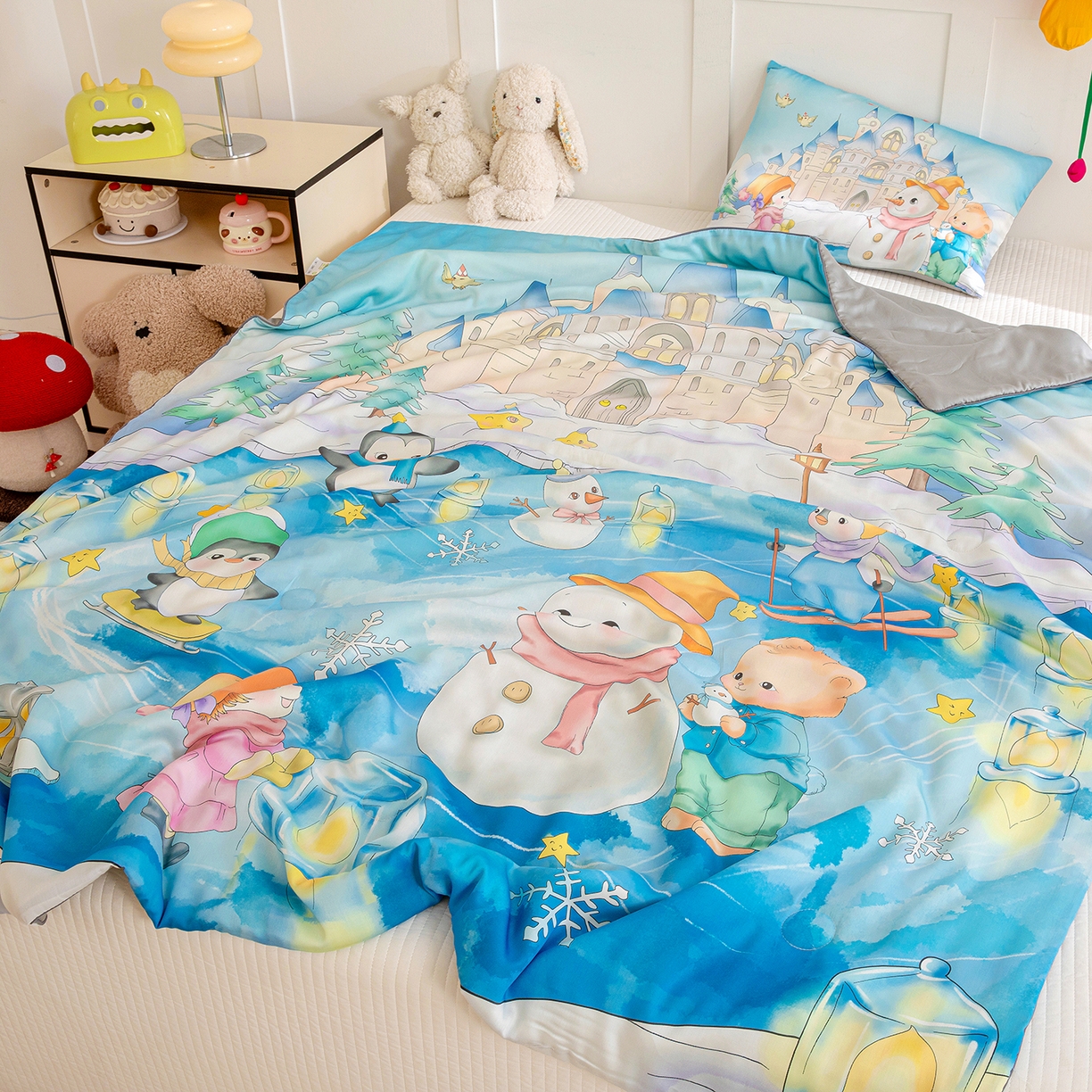 91家纺网 家纺一手货源 找家纺 十九色 2026新款数码印花大版莱赛尔儿童夏被夏凉被 冰雪世界