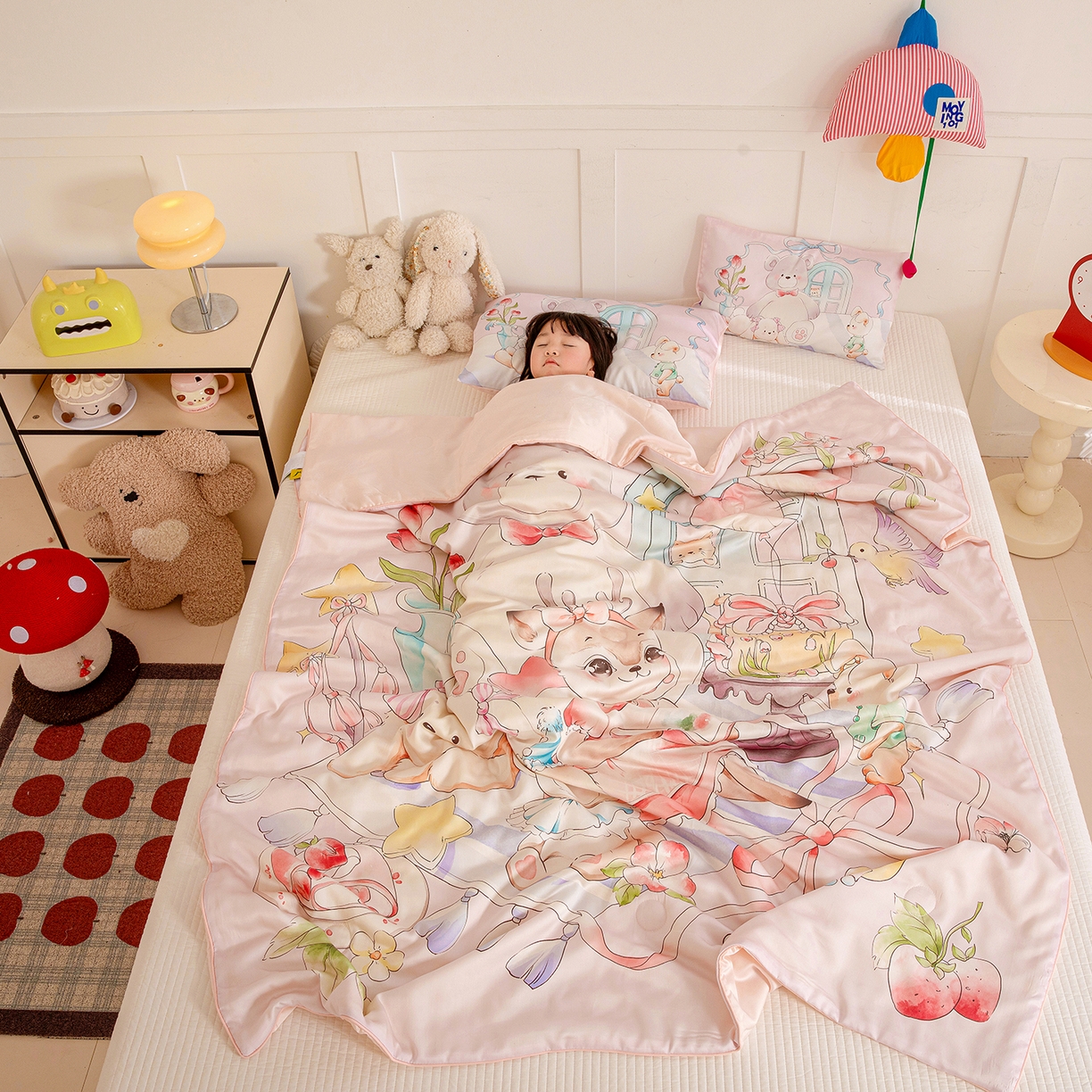 91家纺网 家纺一手货源 找家纺 十九色 2026新款数码印花大版莱赛尔儿童夏被夏凉被 草莓鹿鹿