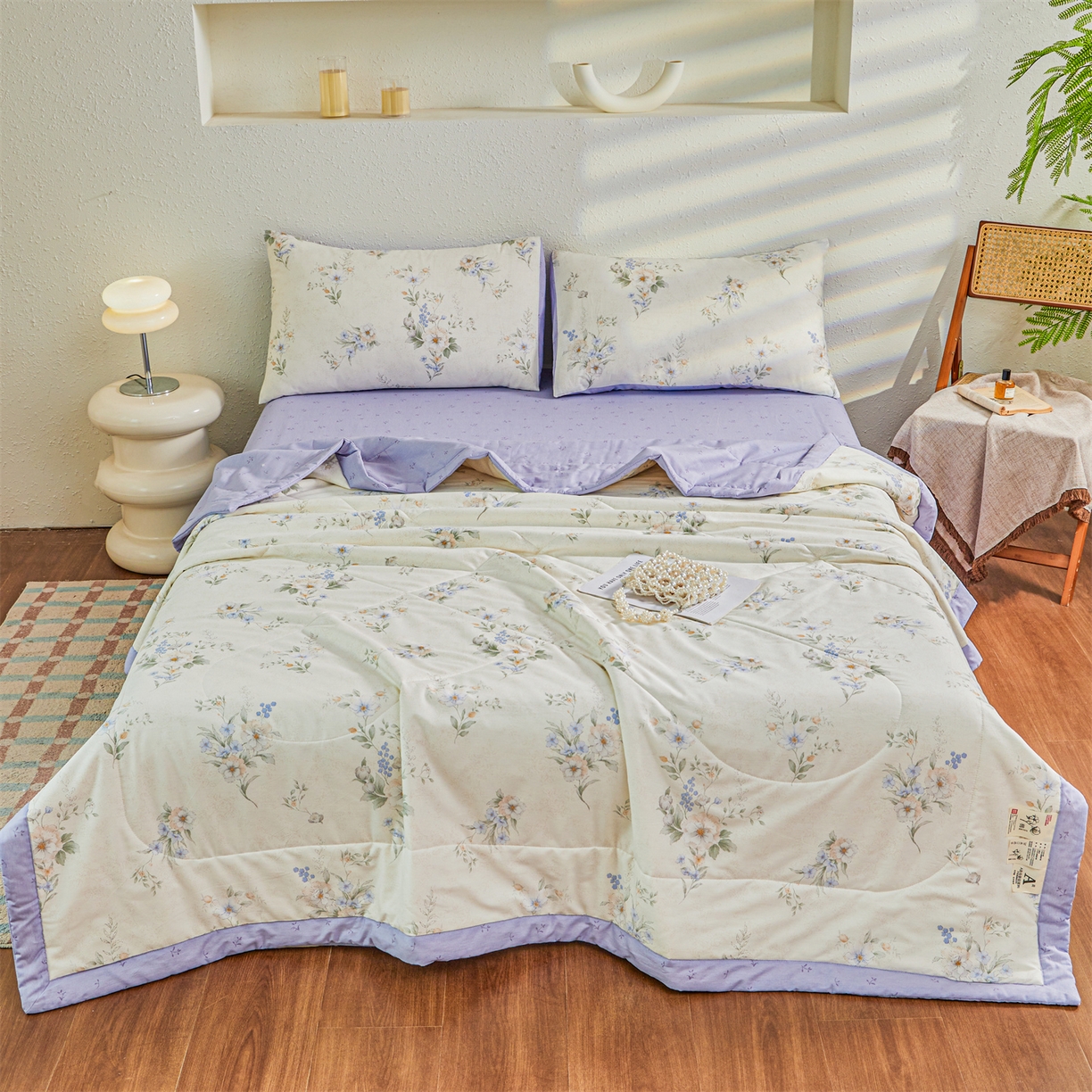 91家纺网 家纺一手货源 找家纺 小禹仔家纺 2026新款A类里外全棉印花棉花夏被 淡紫花瑶